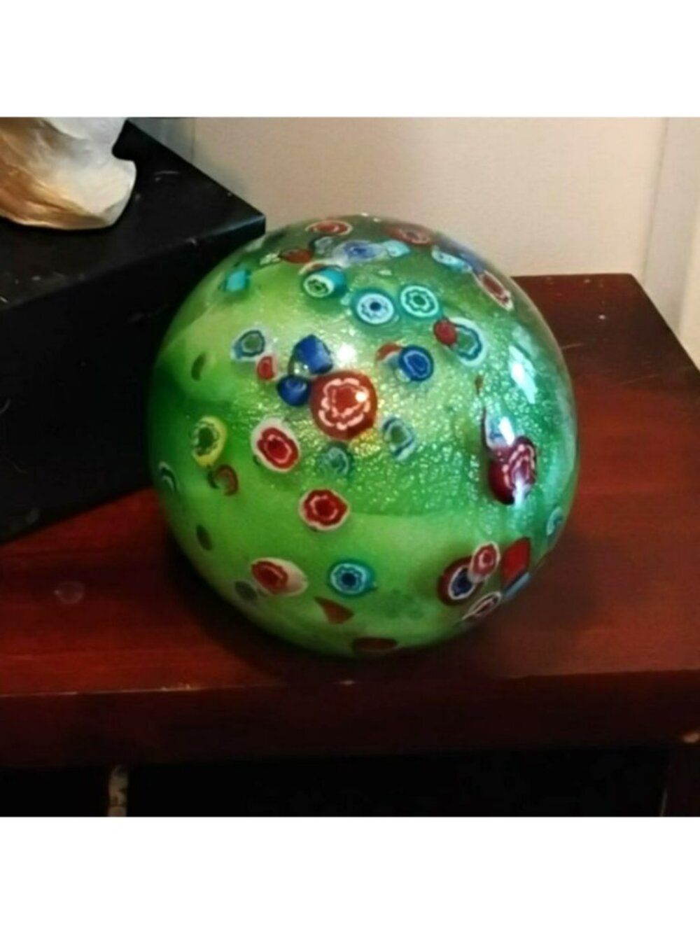 Vintage Murano Style Millefiori Art Glass Paperweight Sphere Large 5" Green Orb - Picture 3 of 3